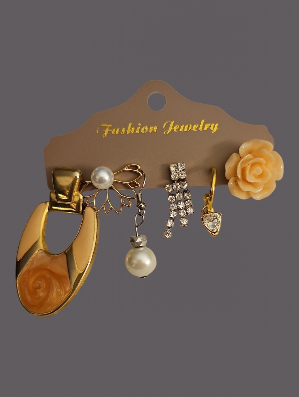Vintage Six Single Peach Rose Enamel Pearlesque Rhinestone Earrings